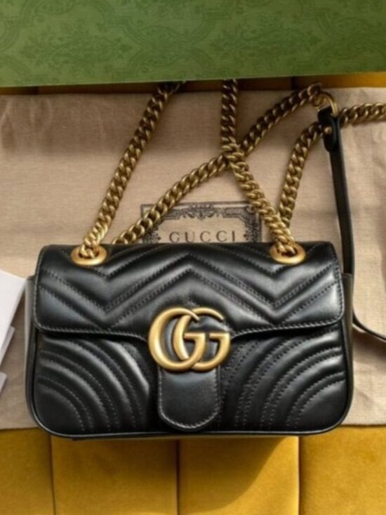 None Handbags - GUCCI Black Leather GG Marmont Shoulder Bag.